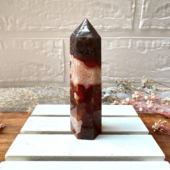 Beautiful Small Red Moss Agate Tower Obelisk - Picture 4 of 7